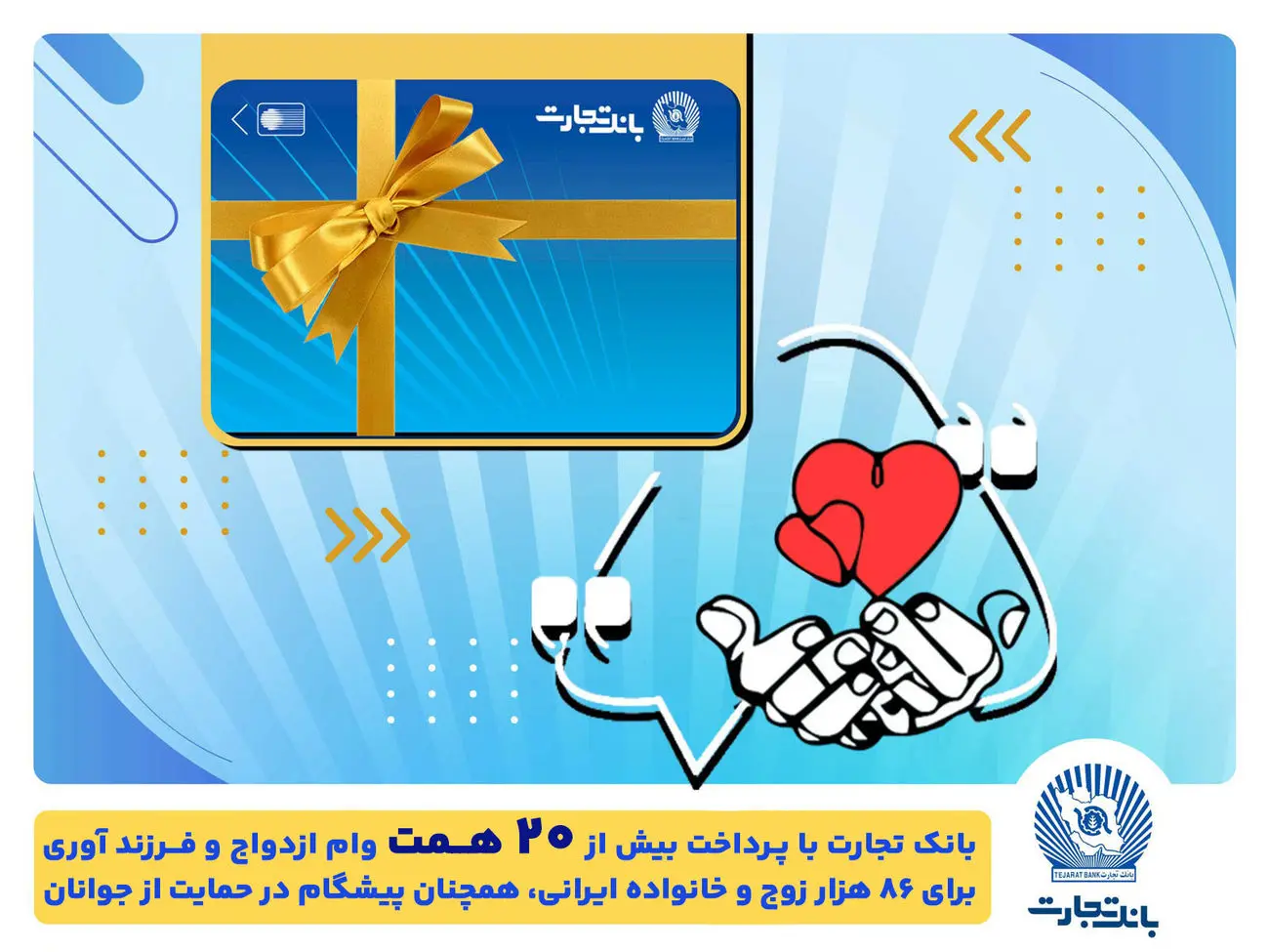 بانک تجارت، پیشرو در پرداخت تسهیلات ازدواج وحمایت از جوانان و خانواده‌های ایرانی/ تسهیلات ازدواج و فرزندآوری بانک تجارت به بیش از20 همت بالغ شد